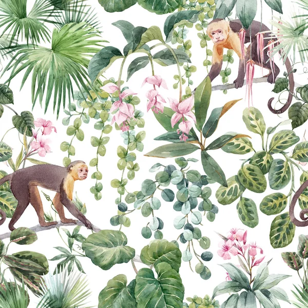 Beautiful seamless tropical floral pattern with cute hand drawn watercolor monkey and exotic jungle flowers. Stock illustration. — Stock Photo, Image