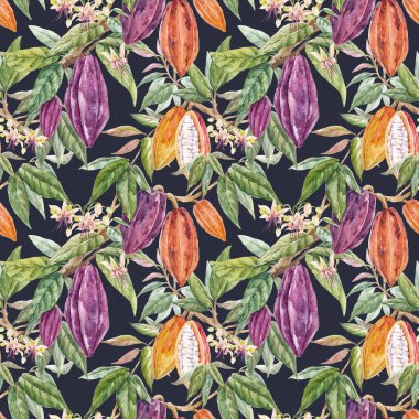 Elle çizilmiş suluboya kakao meyveleri ve yapraklarıyla kusursuz tropikal desenler. Stok illüstrasyonu.