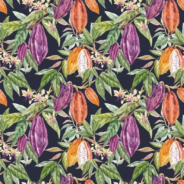 Schöne nahtlose tropische Muster mit handgezeichneten Aquarell-Kakaofrüchten und -blättern. Archivbild. — Stockfoto