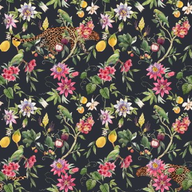 Güzel vektörsüz tropikal desenli, elle çizilmiş suluboya, egzotik orman çiçekleri. Stok illüstrasyonu.