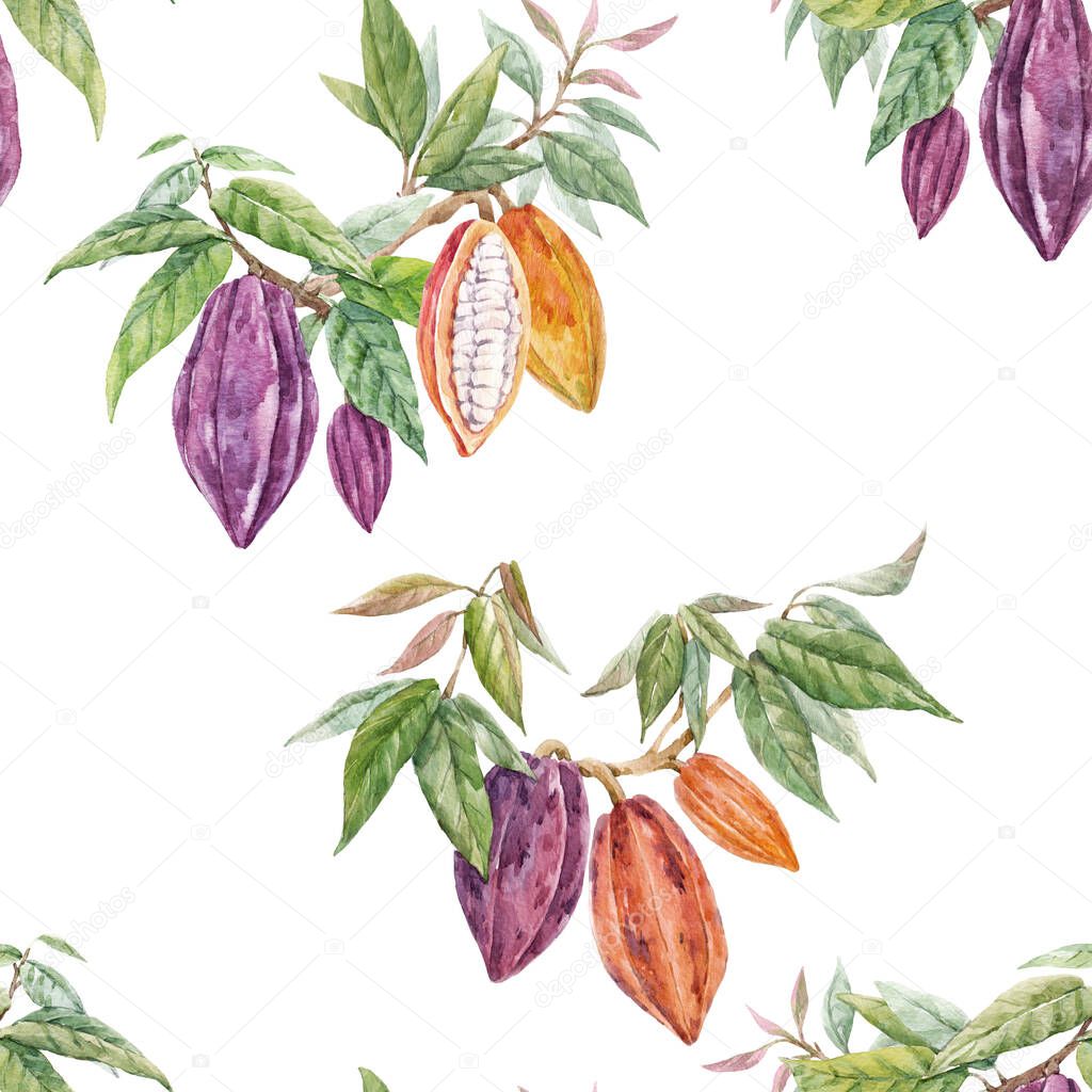 Beautiful seamless tropical pattern with hand drawn watercolor cocoa fruits and leaves. Stock illustration.