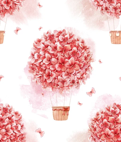 Piękny bezszwowy wzór z ręcznie rysowane akwarela kwiatowy balon powietrza. Ilustracja. — Zdjęcie stockowe