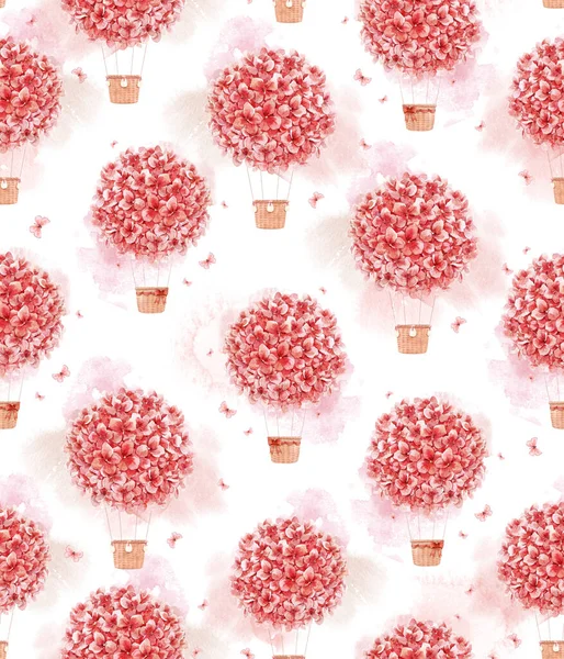 Beautiful seamless pattern with hand drawn watercolor floral air baloon. Stock illustration. — 图库照片