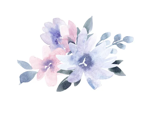 Beautiful image with gentle watercolor hand drawn purple flowers bouquet. Stock illustration. — Foto de Stock