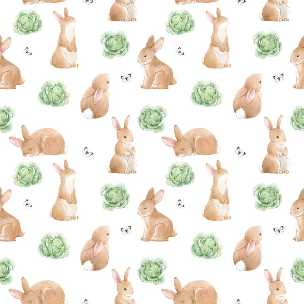 Красивий безшовний візерунок з милою акварельною рукою намальованих кроликів з капустою. Стокова ілюстрація . — стокове фото