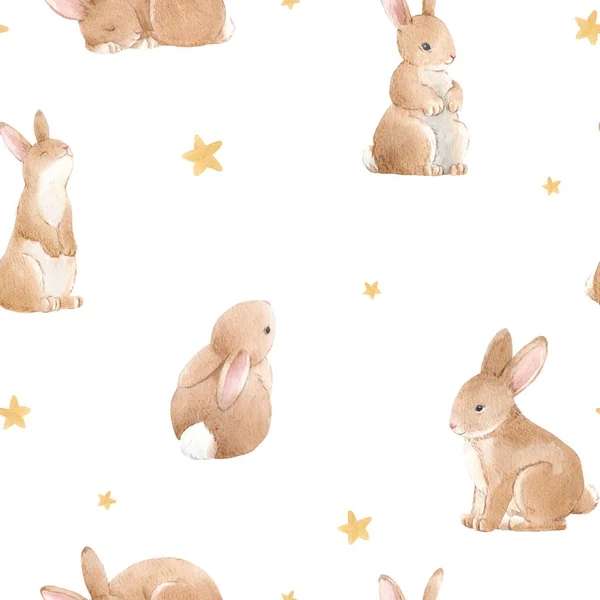 Beautiful seamless pattern with cute watercolor hand drawn baby rabbits. Stock illustration. — стоковое фото