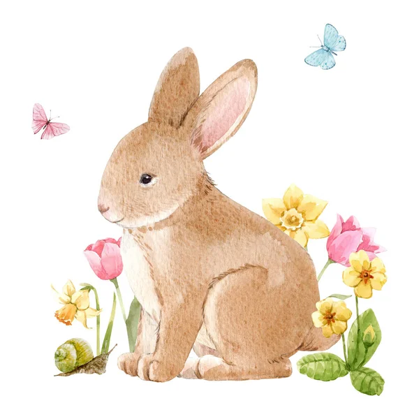 Belle image avec mignon aquarelle dessiné à la main lapin et fleurs. Illustration de stock. — Photo