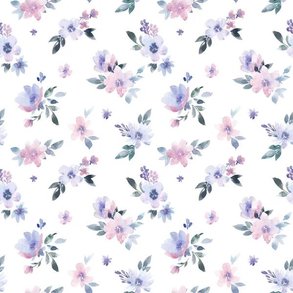Beautiful seamless pattern with gentle watercolor hand drawn purple flowers. Stock illustration. — Fotografia de Stock