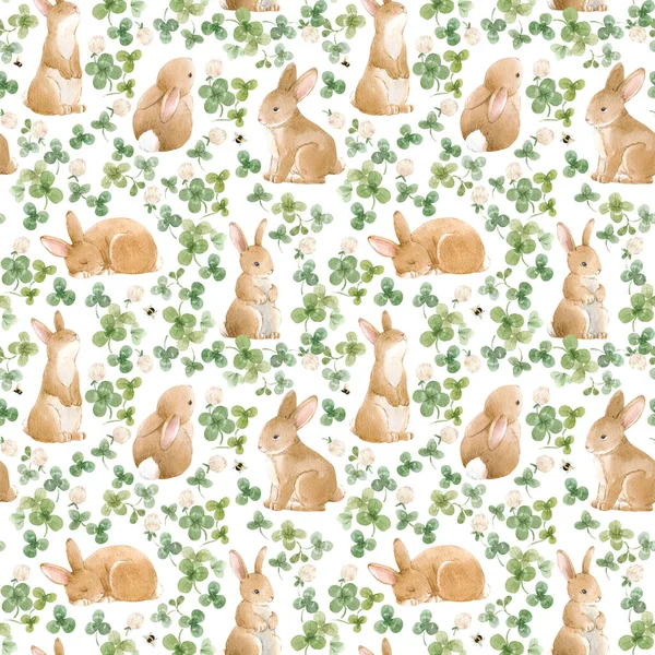 Beautiful seamless pattern with cute watercolor hand drawn baby rabbits with clover . Stock illustration. — Fotografia de Stock