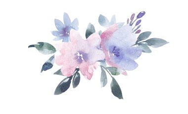 Yumuşak suluboya elle güzel bir görüntü çizilmiş mor çiçek buketi. Stok illüstrasyonu.