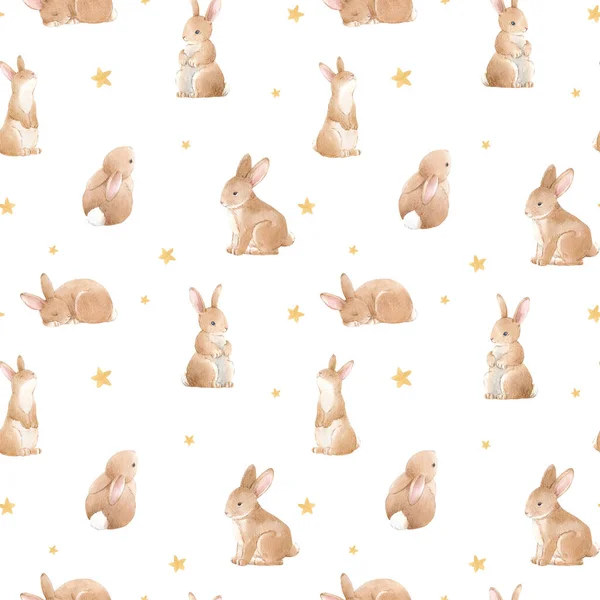 Beautiful seamless pattern with cute watercolor hand drawn baby rabbits. Stock illustration. — стоковое фото