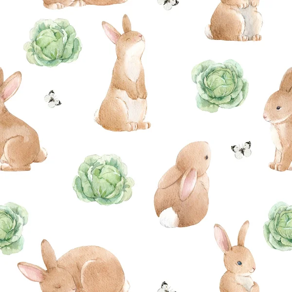 Beautiful seamless pattern with cute watercolor hand drawn baby rabbits with cabbage. Stock illustration. — стоковое фото