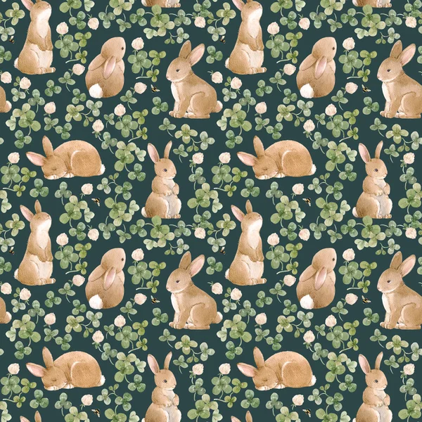 Güzel, pürüzsüz desenli, suluboya elle çizilmiş yoncalı bebek tavşanlar. Stok illüstrasyonu. — Stok fotoğraf