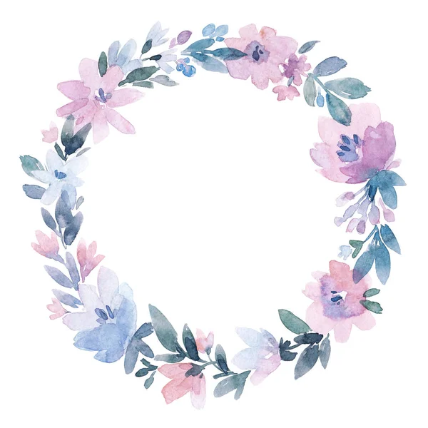 Beautiful image with gentle watercolor hand drawn purple flowers wreath. Stock illustration. — стоковое фото