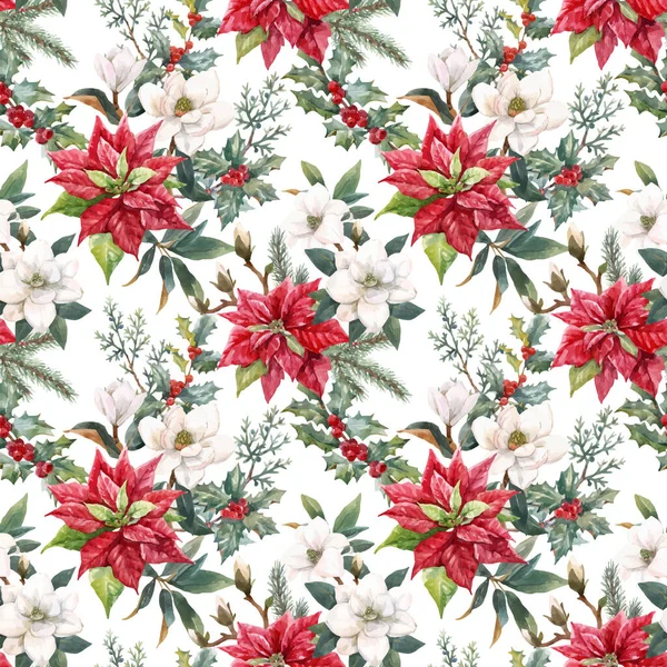 Красивый векторный цветочный рождественский бесшовный узор с нарисованными вручную акварельными зимними цветами, такими как красный пуансеттия Холли. Зимняя иллюстрация. — стоковый вектор