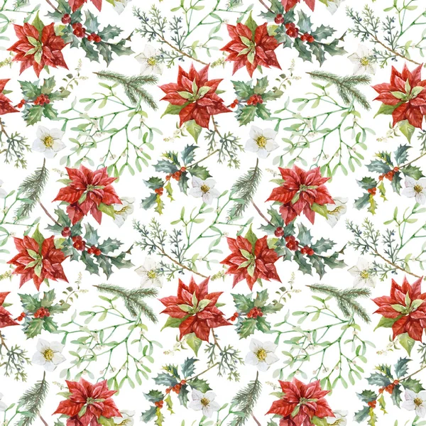 Mooie vector bloemen kerst naadloos patroon met de hand getekend aquarel winterbloemen zoals rode poinsettia hulst. Stock 2022 winter illustratie. — Stockvector