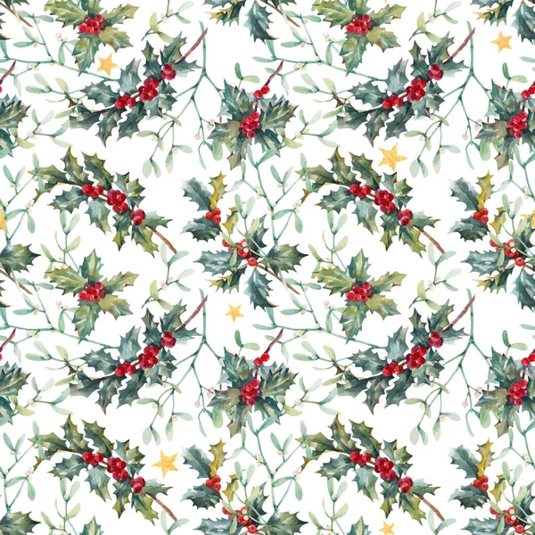 Hermoso vector floral navidad patrón sin costuras con las ramas de acebo acuarela dibujado a mano. Stock 2022 ilustración de invierno. — Vector de stock