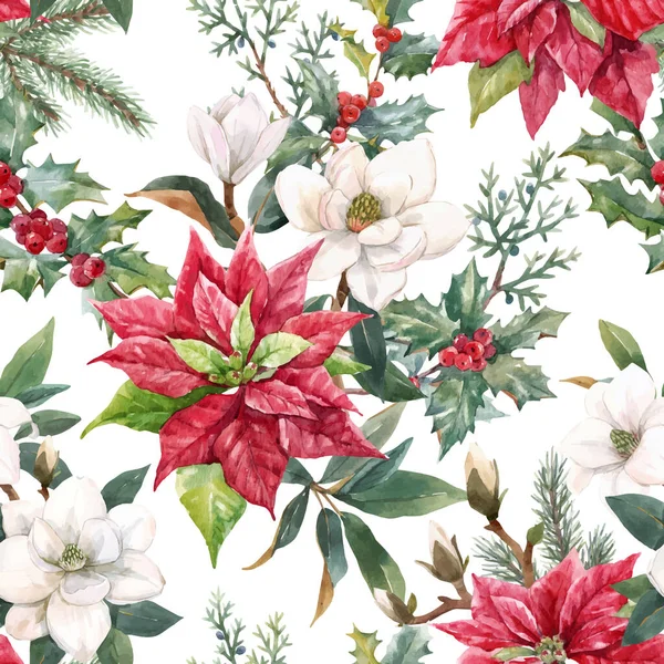 Mooie vector bloemen kerst naadloos patroon met de hand getekend aquarel winterbloemen zoals rode poinsettia hulst. Stock 2022 winter illustratie. — Stockvector