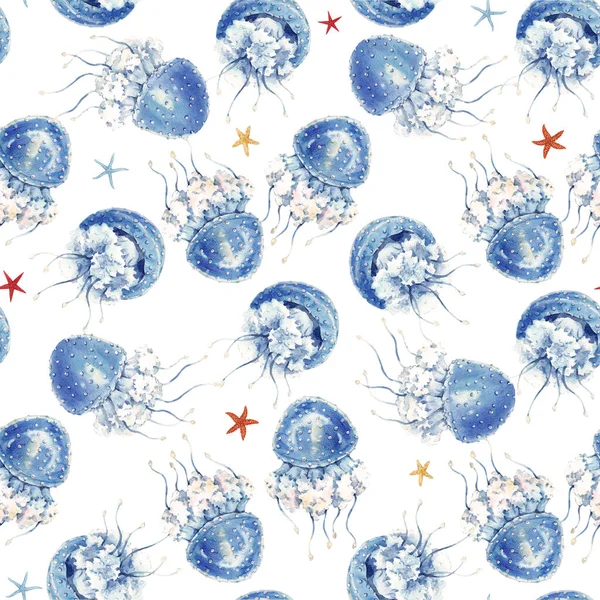 Beautiful seamless pattern with cute watercolor underwater sea life jellyfish. Stock illustration.