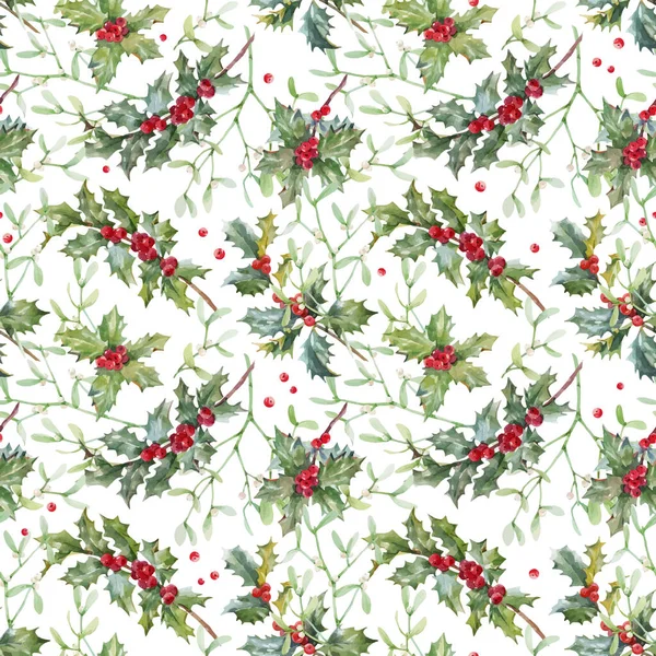 Hermoso vector floral navidad patrón sin costuras con las ramas de acebo acuarela dibujado a mano. Stock 2022 ilustración de invierno. — Vector de stock