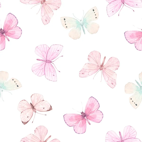 Magnifique motif sans couture avec de jolis papillons aquarelles. Illustration de stock. — Photo