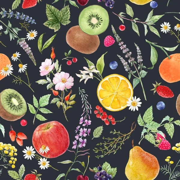 手描きの水彩で美しいシームレスなパターンおいしい夏梨リンゴのブドウ桜梅の果物。ストックイラスト. — ストック写真