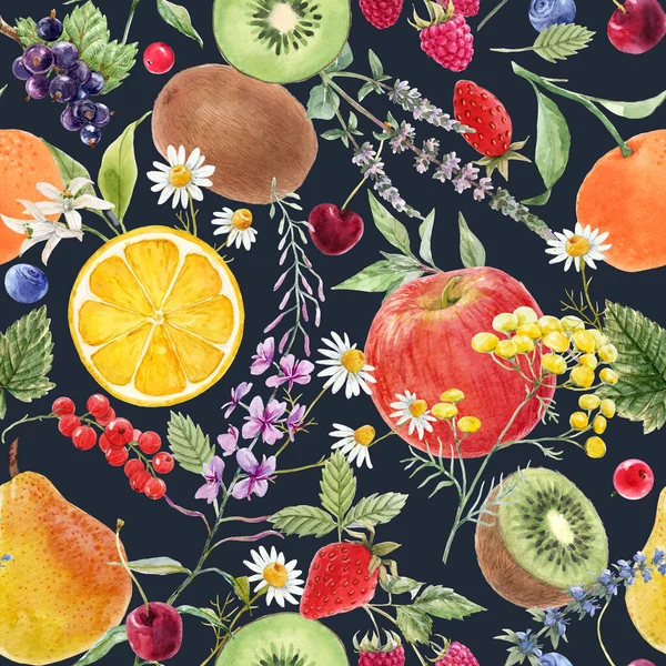 Belo padrão sem costura com aquarela desenhada à mão saboroso verão pêra maçã uva cereja ameixa frutas. Ilustração das existências. — Fotografia de Stock