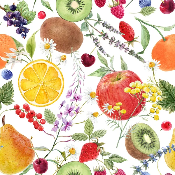 Belo padrão sem costura com aquarela desenhada à mão saboroso verão pêra maçã uva cereja ameixa frutas. Ilustração das existências. — Fotografia de Stock