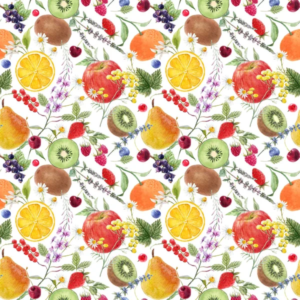 Vackert sömlöst mönster med handritade akvarell välsmakande sommar päron äpple druva körsbär plommon frukter. Lagerillustration. — Stockfoto