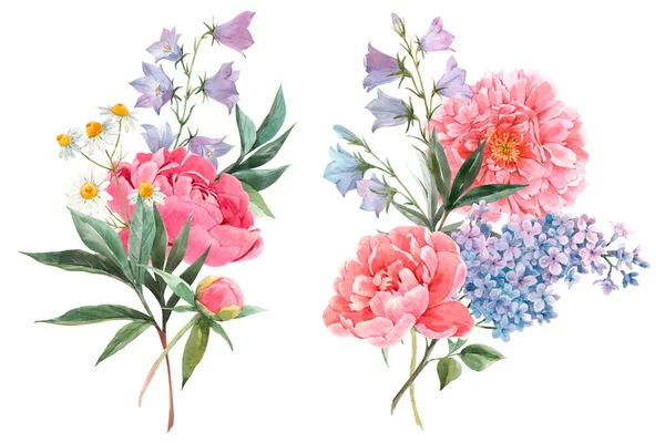 Schöne florale Set mit Aquarell handgezeichneten Pfingstrose lila Blumensträuße. Archivbild. — Stockfoto