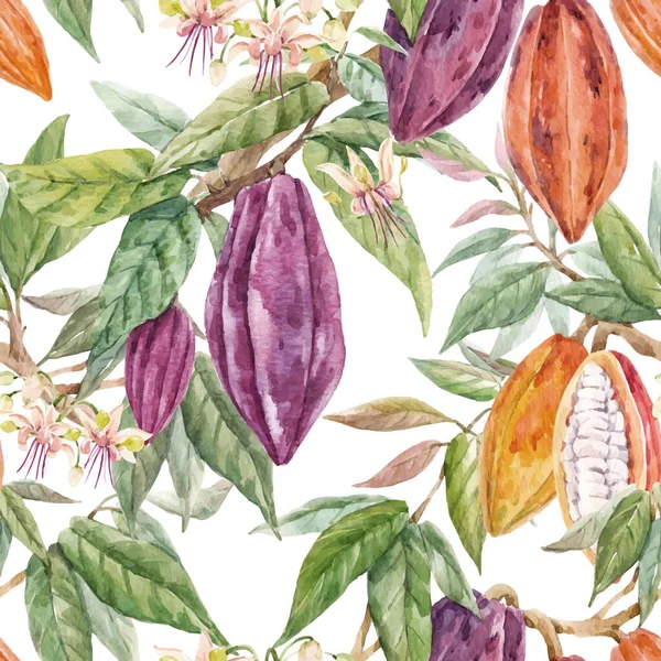 Mooie vector naadloze tropische patroon met de hand getekend aquarel cacao fruit en bladeren. Voorraadillustratie. — Stockvector
