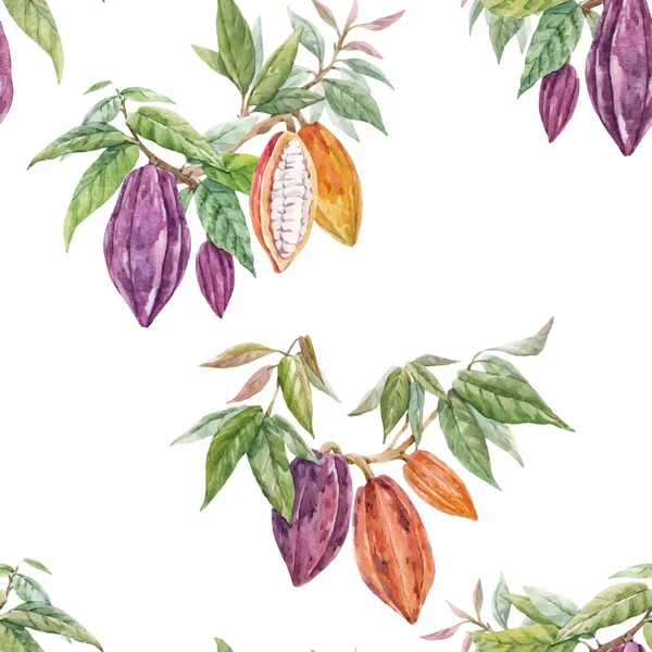 Bellissimo modello tropicale vettoriale senza soluzione di continuità con frutta e foglie di cacao ad acquerello disegnate a mano. Illustrazione delle scorte. — Vettoriale Stock