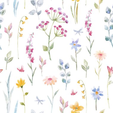 Güzel, pürüzsüz çiçek deseni suluboya, narin bahar çiçekleri. Stok illüstrasyonu.