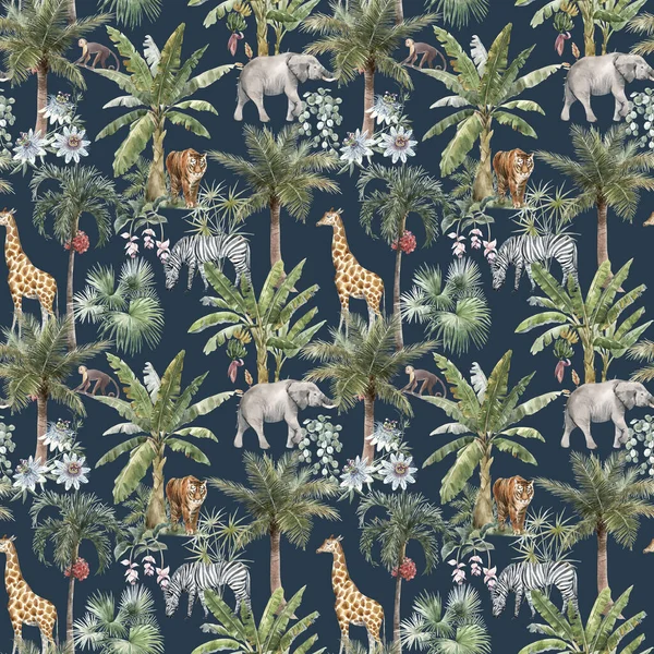 Hermoso patrón sin costuras con acuarela palmas tropicales y selva animal tigre elefante jirafa. Ilustración general. —  Fotos de Stock