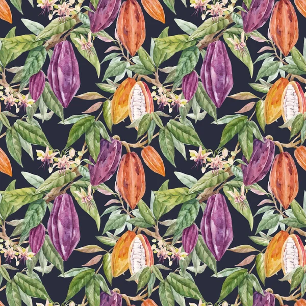 Wunderschönes vektornahtloses tropisches Muster mit handgezeichneten Aquarell-Kakaofrüchten und -Blättern. Archivbild. — Stockvektor