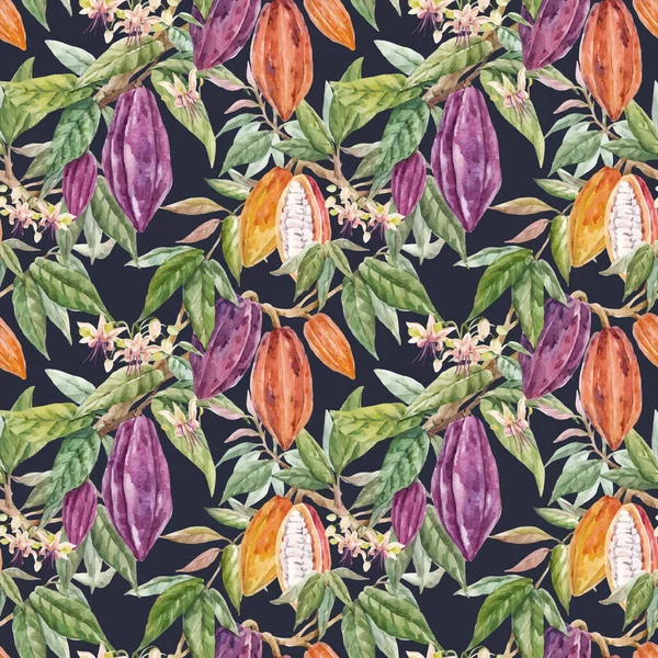 Beautiful vector seamless tropical pattern with hand drawn watercolor cocoa fruits and leaves. Stock illustration.