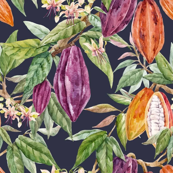 Bellissimo modello tropicale vettoriale senza soluzione di continuità con frutta e foglie di cacao ad acquerello disegnate a mano. Illustrazione delle scorte. — Vettoriale Stock