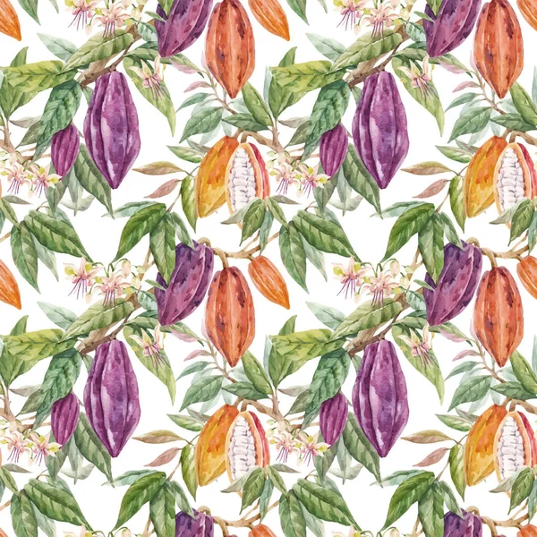 Magnifique motif tropical sans couture vectoriel avec des fruits et des feuilles de cacao aquarelle dessinés à la main. Illustration de stock. — Image vectorielle