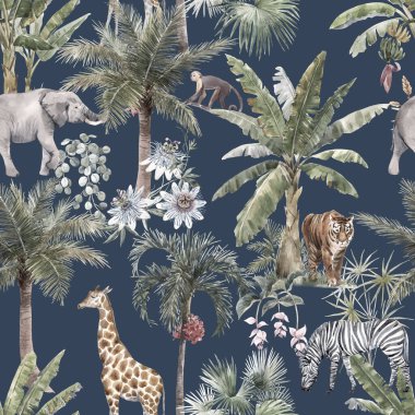 Su boyası tropikal palmiyeler ve orman hayvanı kaplan fil zürafasıyla kusursuz desenler. Stok illüstrasyonu.