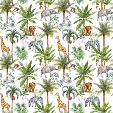 Su boyası tropikal palmiyeler ve orman hayvanı kaplan fil zürafasıyla kusursuz desenler. Stok illüstrasyonu.