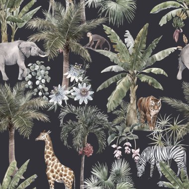 Su boyası tropikal palmiyeler ve orman hayvanı kaplan fil zürafasıyla kusursuz desenler. Stok illüstrasyonu.