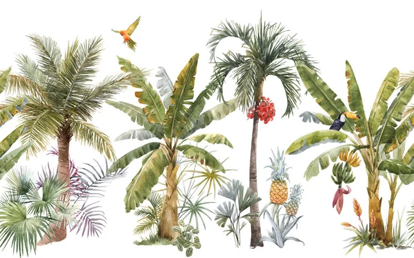 Bellissimo modello orizzontale tropicale senza soluzione di continuità con palme disegnate a mano ad acquerello. Illustrazione delle scorte. — Foto Stock