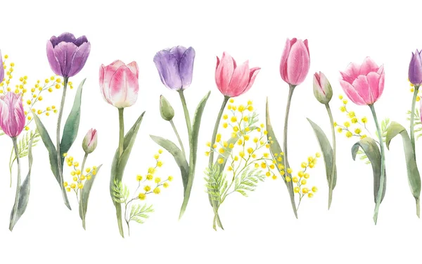 Piękny bezszwowy poziomy wzór kwiatowy z akwarelą wiosenne kwiaty. Ilustracja. — Zdjęcie stockowe