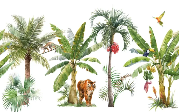 Krásný tropický horizontální bezešvé vzor s akvarelem ručně kreslené palmy. Stock illustration. — Stock fotografie