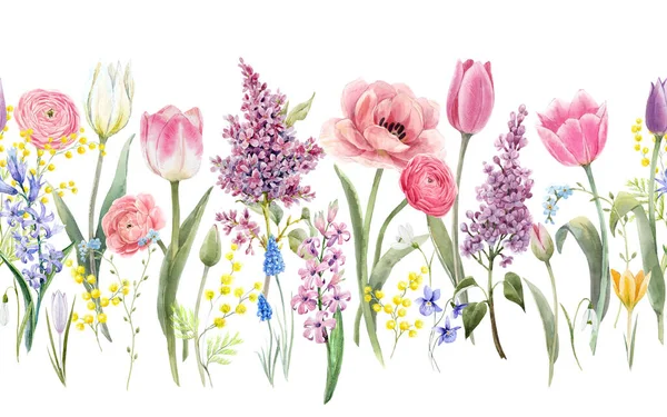 Beautiful seamless horizontal floral pattern with watercolor spring flowers. Stock illustration. — Stock Photo, Image