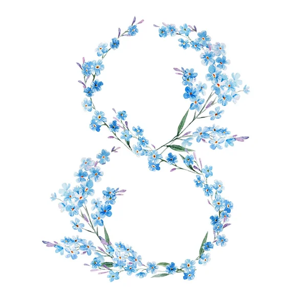 Иллюстрация акварелью с нарисованным от руки цветочным числом восемь, символом 8 Марта. Международный женский день. — стоковое фото