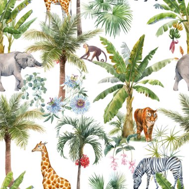 Su boyası tropikal palmiyeler ve orman hayvanı kaplan fil zürafasıyla kusursuz desenler. Stok illüstrasyonu.