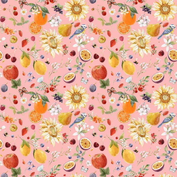 Beautiful seamless summer pattern with watercolor flowers and lemon pear orange mango fruits. Stock illustration. — Stock Photo, Image