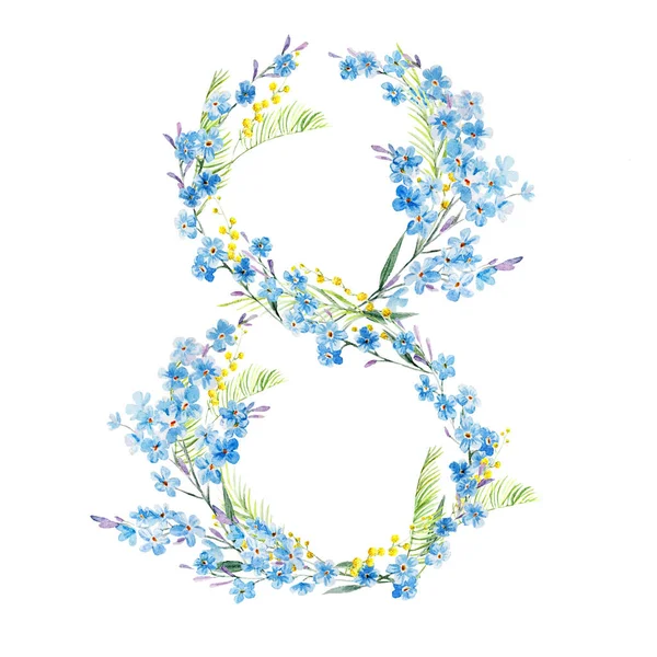 8 3月の象徴である8番の花を描いた水彩手描きの美しいストックイラスト。国際女性デー. — ストック写真