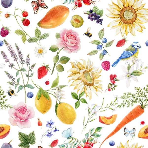 水彩の花とレモン梨オレンジマンゴーフルーツと美しいシームレスな夏のパターン。ストックイラスト. — ストック写真